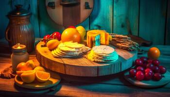 rustikal Gourmet Mahlzeit auf hölzern Planke mit frisch organisch Zutaten generiert durch ai foto