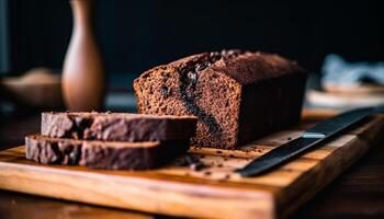 frisch gebacken Brot Scheibe auf rustikal hölzern Schneiden Tafel zum Snack generiert durch ai foto