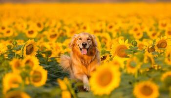 golden Retriever Hündchen spielen im Sonnenblume Wiese, rein Eckzahn Schönheit generiert durch ai foto