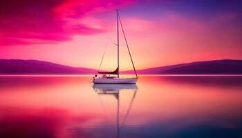 Segelboot Silhouette auf still Sonnenuntergang Wasser, nautisch Schiff Transport Abenteuer generiert durch ai foto