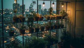 glühend Weihnachten Baum leuchtet Innen- Pflanze im dunkel inländisch Zimmer generiert durch ai foto