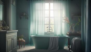 sauber Blau Badezimmer mit breit Waschbecken, spärlich Dekor und elegant Design generiert durch ai foto