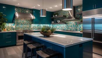 modern Küche Design mit elegant Marmor Insel, rostfrei Stahl Haushaltsgeräte generiert durch ai foto