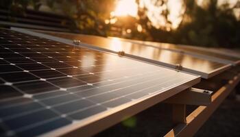 Solar- Leistung Bahnhof erzeugt nachhaltig Energie von das Sonne Strahlen generiert durch ai foto