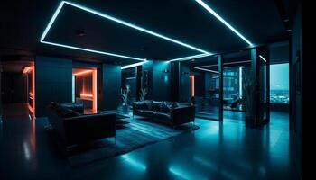 modern Luxus Wohnung mit hell Blau Glas Betrachtung und komfortabel Sofa generiert durch ai foto