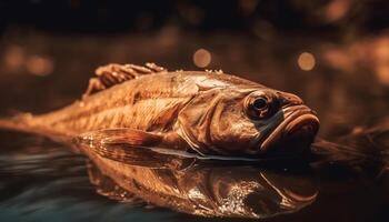 frisch Meeresfrüchte Mahlzeit einer Fisch erwischt, gekocht und bereit zu Essen generiert durch ai foto