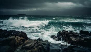 dunkel Horizont Über Wasser, dramatisch Himmel, brechen Wellen, Scheu inspirierend Seelandschaft generiert durch ai foto