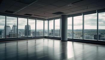 modern Wolkenkratzer spiegelt Stadt Leben durch hell Glas Fenster generiert durch ai foto