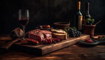 gesund Mahlzeit mit geräuchert Fleisch, frisch Frucht, und organisch Wein generiert durch ai foto