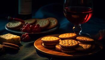 hausgemacht Dessert Tabelle mit gebacken brot, Keks, und Schokolade Chip Plätzchen generiert durch ai foto