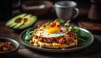 gegrillt Schweinefleisch Sandwich mit Avocado, Tomate, und Koriander Guacamole generiert durch ai foto