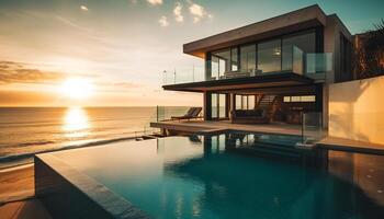 Luxus Bungalow mit am Pool Deck, mit Blick auf still tropisch Sonnenuntergang generiert durch ai foto
