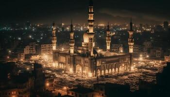 beleuchtet Minarett von berühmt Blau Moschee im uralt Stadtbild generiert durch ai foto