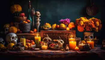 gespenstisch Halloween immer noch Leben Kürbis, Kerze, und Dekoration Anordnung generiert durch ai foto