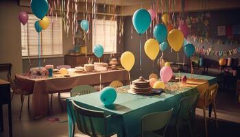 beschwingt Feier mit multi farbig Luftballons, Konfetti, und Gourmet Dessert generiert durch ai foto