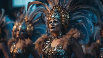 Schönheit und Eleganz im traditionell Festival Frauen Tanzen im Kostüm generiert durch ai foto