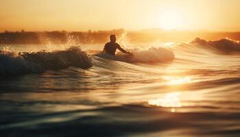 Silhouette von jung Erwachsene Surfen im von hinten beleuchtet Sonnenuntergang sprühen generiert durch ai foto