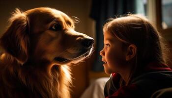 süß kaukasisch Mädchen spielen mit zärtlich golden Retriever drinnen generiert durch ai foto