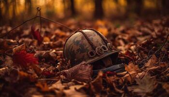Herbst Blätter fallen auf Heer Helm im Wald Schlachtfeld Abenteuer generiert durch ai foto