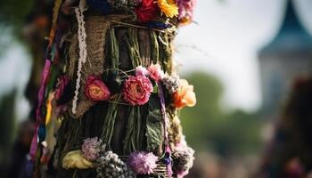 einheimisch Kulturen feiern Spiritualität mit aufwendig Blume Vereinbarungen im Vasen generiert durch ai foto