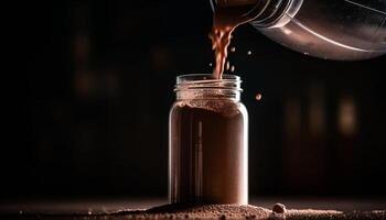 Gießen frisch Kaffee in ein rustikal hölzern Becher auf dunkel Tabelle generiert durch ai foto