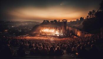 Silhouetten von Fans feiern Beliebt Musik- Konzert im beleuchtet draussen Bühne generiert durch ai foto