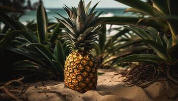reif Ananas auf Grün Blatt, Symbol von tropisch Frische generiert durch ai foto