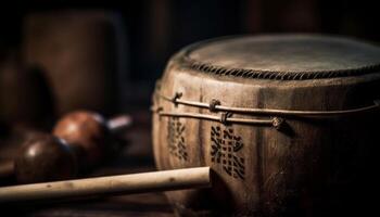 rustikal Schlagzeug Instrument Sammlung Vitrinen einheimisch Kultur Kreativität und Tradition generiert durch ai foto