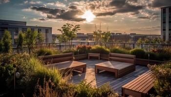 modern die Architektur trifft Natur im Stadtbild mit Sonnenuntergang Betrachtung generiert durch ai foto