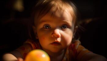 heiter Baby Mädchen spielen draußen, suchen beim Kamera mit Neugierde generiert durch ai foto