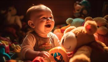 süß Baby Mädchen spielen mit Sanft Teddy tragen, voll von Freude generiert durch ai foto