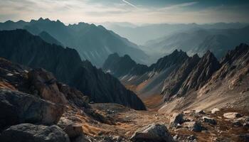 durchqueren das majestätisch Berg Bereich, ein Abenteuer im Natur Schönheit generiert durch ai foto