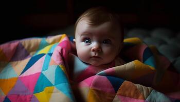 süß Baby Junge lächelnd, eingewickelt im Gelb Decke, drinnen spielen generiert durch ai foto