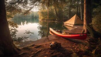 Abenteuer im still Wildnis Kanusport, wandern, Camping, erkunden Natur generiert durch ai foto