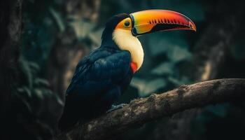 multi farbig Tukan sich niederlassen auf Ast im tropisch Regenwald generiert durch ai foto
