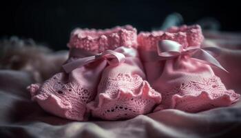 Seide Bettwäsche geschmückt mit Rosa Blumen, ein Gourmet Genuss generiert durch ai foto