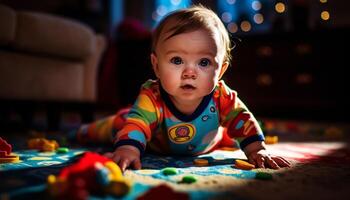 süß Baby spielen mit bunt Spielzeuge bringt Freude und Glück generiert durch ai foto