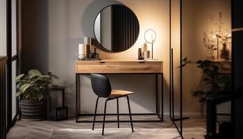 elegant modern Wohnung mit komfortabel Stuhl, hölzern Tisch, und Beleuchtung generiert durch ai foto