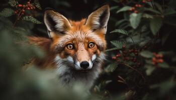 rot Fuchs, süß Eckzahn, suchen beim Kamera im natürlich Schönheit generiert durch ai foto
