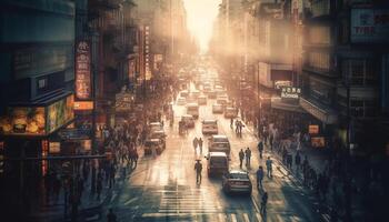 beschäftigt Peking Stadt Leben überfüllt Straßen, Wolkenkratzer, und Laternen beleuchtet generiert durch ai foto