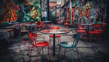 modern Stadt Bar mit bunt Hocker und Graffiti Mauer Kunst generiert durch ai foto