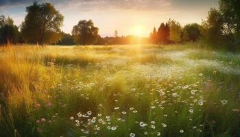 Sonnenuntergang Über Wiese, Wildblumen blühen im still ländlich Landschaft generiert durch ai foto