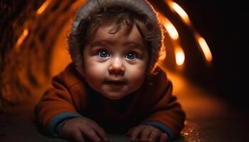lächelnd kaukasisch Kleinkind spielen mit Spielzeug draußen im Winter Feier generiert durch ai foto