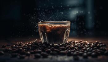 frisch Kaffee Bohne fallen auf dunkel Holz Tisch, Koffein Erfrischung generiert durch ai foto