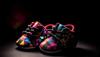 modern Sport Schuh Design im beschwingt Farben auf schwarz Hintergrund generiert durch ai foto