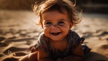 lächelnd Kind genießt spielerisch Sommer- Tag beim Wasser Kante generiert durch ai foto