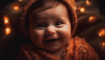 lächelnd Baby Junge, beleuchtet durch Weihnachten Baum, bringt Neu Liebe generiert durch ai foto