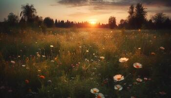 beschwingt Wildblumen blühen im still Wiese beim Sonnenaufgang, idyllisch Szene generiert durch ai foto