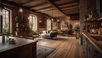 Luxus inländisch Zimmer mit elegant Design, Hartholz Bodenbelag, und beleuchtet Fenster generiert durch ai foto