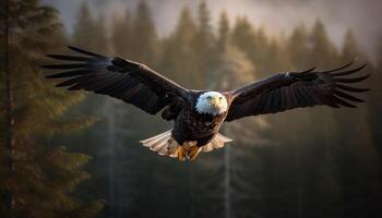 majestätisch kahl Adler Spreads Flügel im Mitte Luft, hochfliegend mit Freiheit generiert durch ai foto